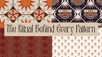 A collage of four intricate textile patterns inspired by celestial and natural motifs, featuring suns, moths, moons, geometric grids, and symbolic florals in earthy tones.