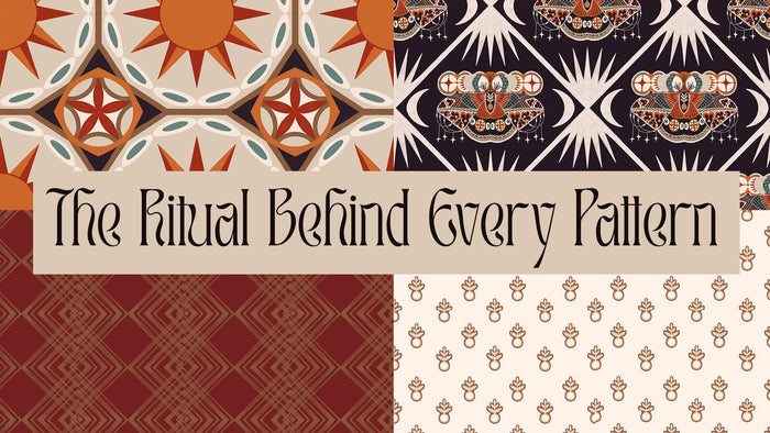 A collage of four intricate textile patterns inspired by celestial and natural motifs, featuring suns, moths, moons, geometric grids, and symbolic florals in earthy tones.