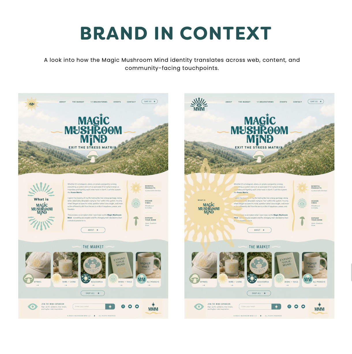 Two web pages with 'Magic Mushroom Mind' branding and nature-themed design.